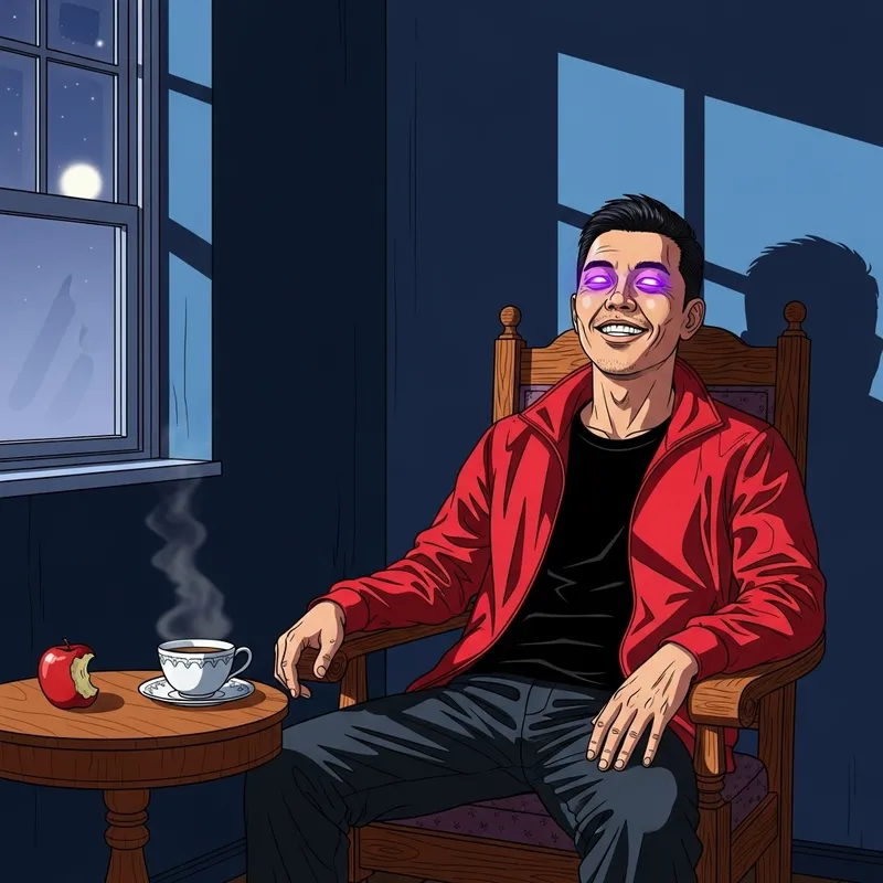 Mysterious Man in Red Jacket with Glowing Purple Eyes