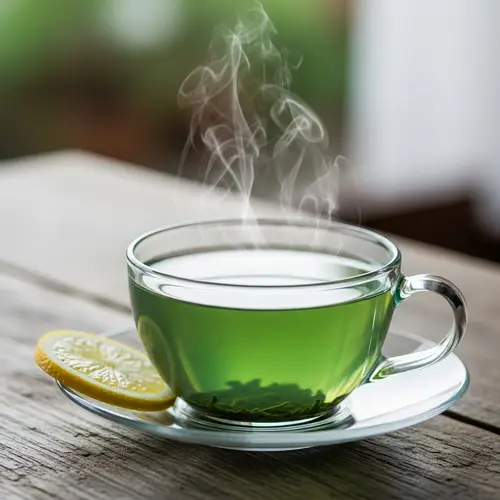 Steaming Hot Cup of Green Tea on Wooden Table