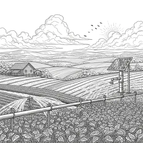 Serene Countryside Sketch: Traditional Farmhouse & Solar Water Pump