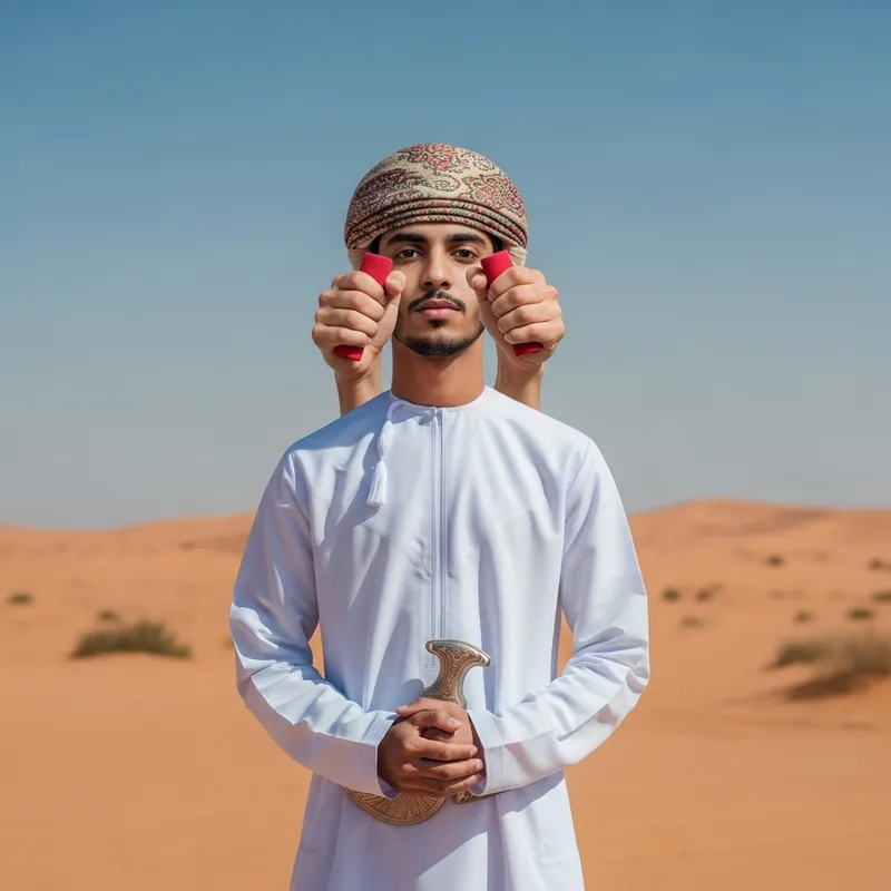 Omani Man with Hand Grip Head in Desert | Surreal Symbol of Strength
