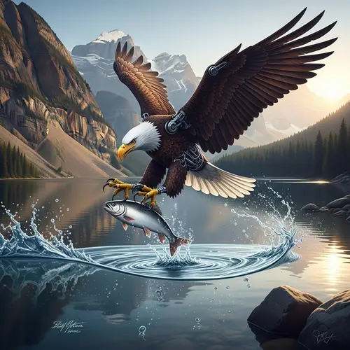 Realistic Bald Eagle Grabs Fish: Stunning Landscape Illustration