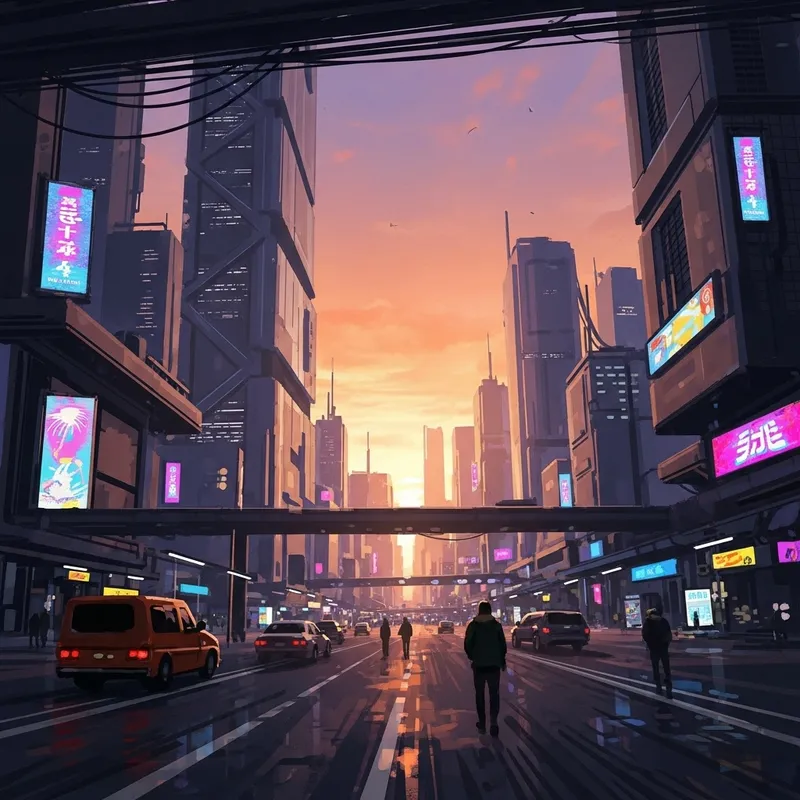 Vibrant Cyberpunk Cityscape at Sunset | Futuristic Impressionism