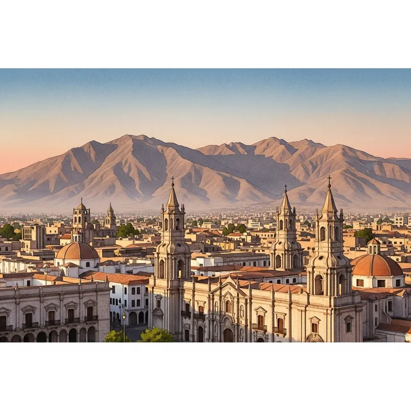 Watercolor Artist in Arequipa. Scenic Cityscape of Arequipa, Peru
