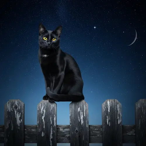 Graceful Black Cat on Wooden Fence | Night Sky & Stars