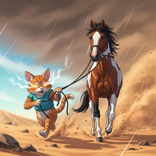 Ginger Cat Guiding Piebald Horse Through Cyberpunk Sandstorm