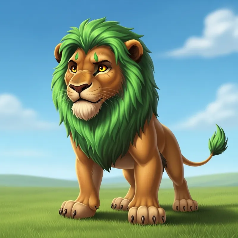 Small Male Lion with Green Mane in Majestic Pose