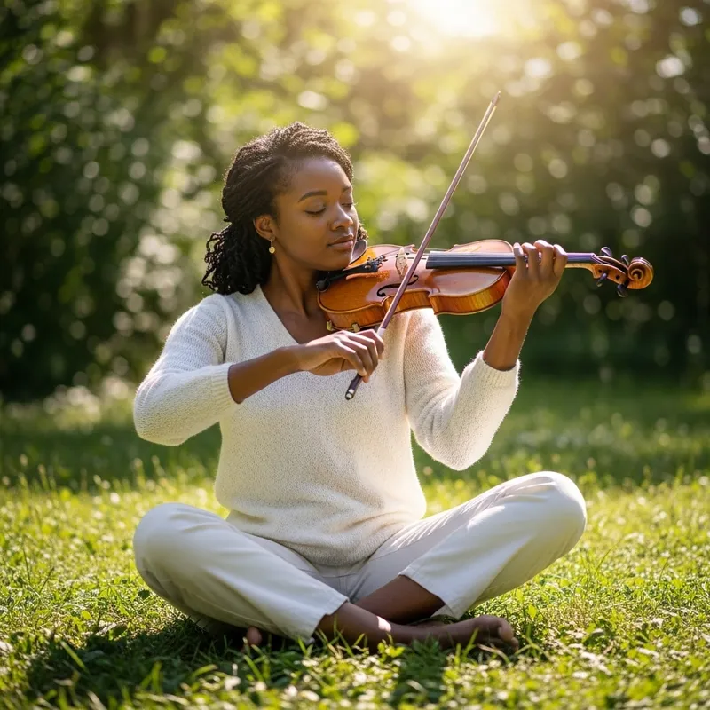 Tranquil Outdoor Scene with Young Black Woman Playing Violin