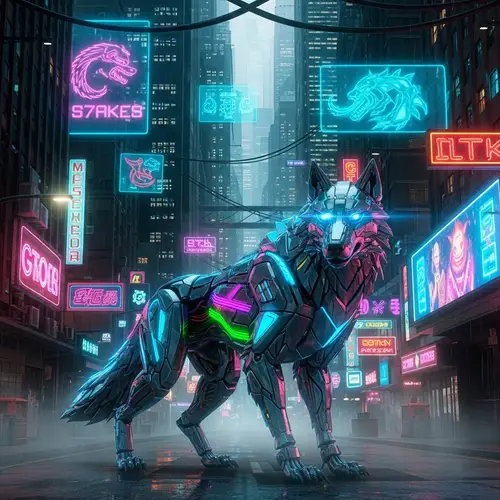 Cyberpunk-Inspired Mechanical Wolf with Neon Lights