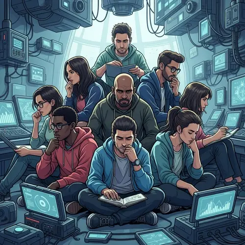 Future Mediocre Thinkers: Dystopian Scene with Varied Characters