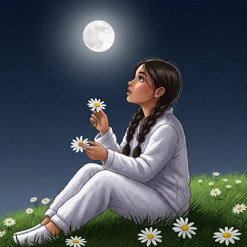 Cute Girl Admiring Moon in Night Sky Sketch