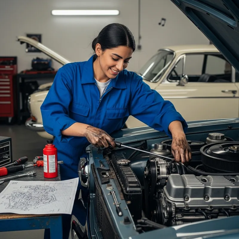 Skilled Female Middle-Eastern Mechanic Restores Vintage Car in Realistic Scene