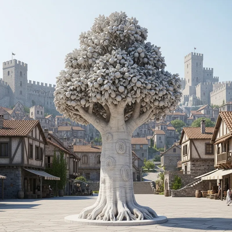 White Marble Apple Tree Statue in Medieval City