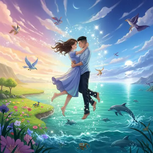 Surreal Fantasy World: Enamored Couple Embracing in Mid-Air