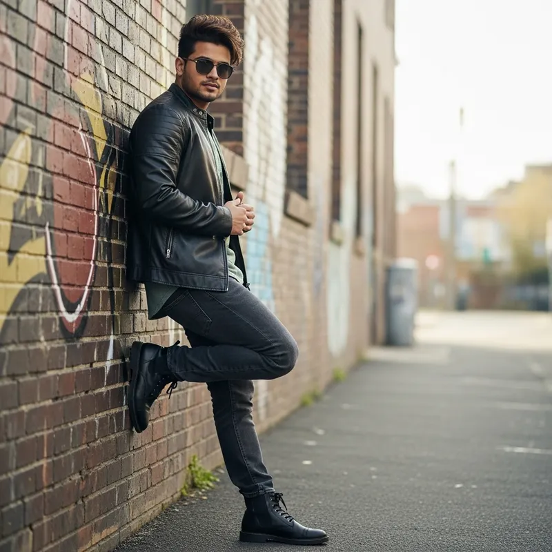 Cool Guy Poses by Graffiti Brick Wall