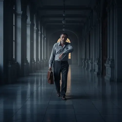 Twilight Burned-Out Man Walking Profound Corridor