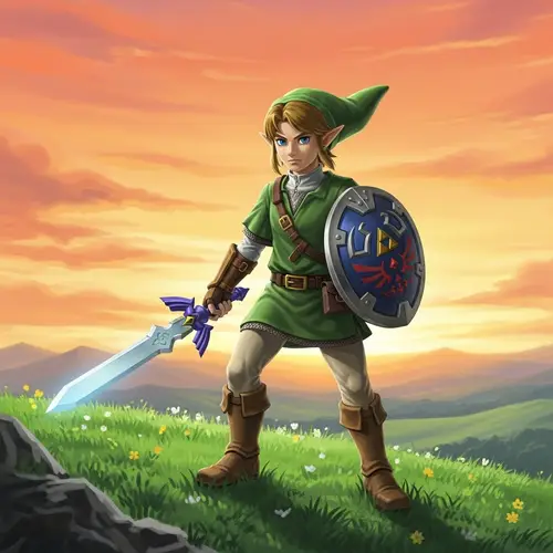 Hylian-like Man with Elegant Sword & Shield on Grass Hillside