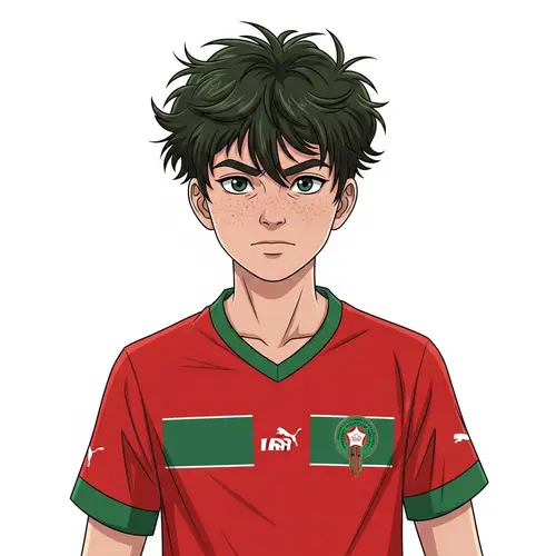 Determined Young Boy in Moroccan Soccer Team Shirt