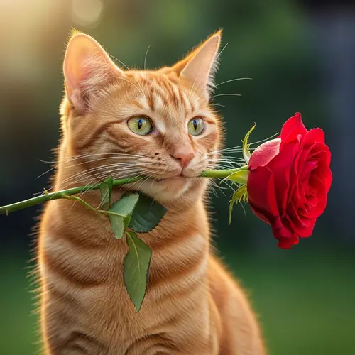 Red Cat Holding Red Rose - Beautiful Image
