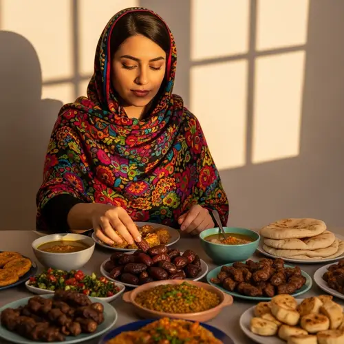 Hispanic Woman Reaching Ripe Date on Iftar Spread
