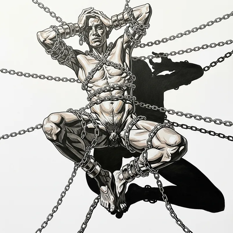 Body Ensnared in Metal Chains - Abstract Art Drawing