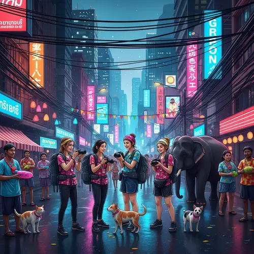 Cyberpunk Bangkok: Female Tourists at Songkran Festival