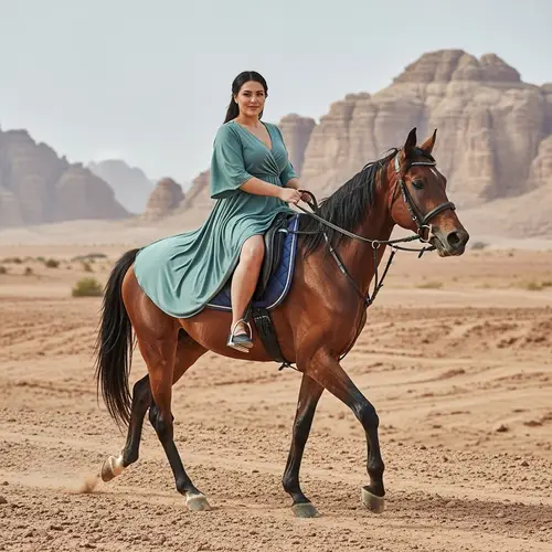 Stout Arabian Woman Riding Horse in Elegant Dress