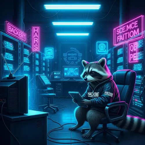 Futuristic Data Center Cyberpunk Scene with Mysterious Raccoon