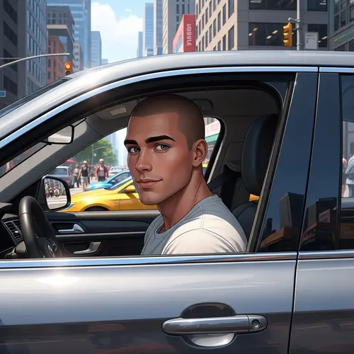 Modern Short-Haired Male in Car Portrait | City Street Scene