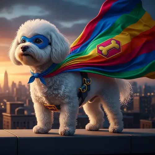 Fluffy Bichon Maltese Superhero With Colorful Cape