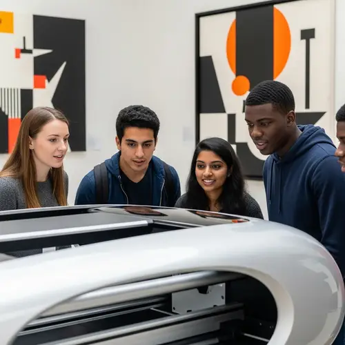 Diverse University Students Engage with Futuristic Art Installation