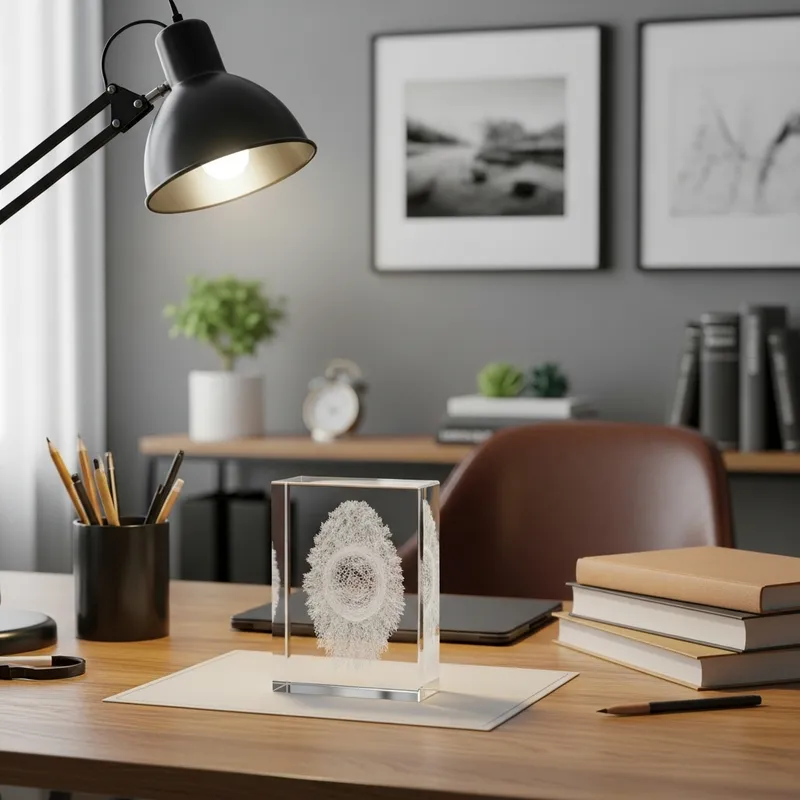 3D Engraving in Crystal Rectangle on Home Office Desk