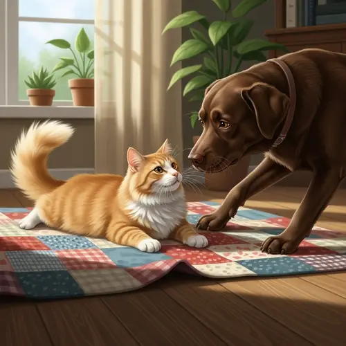 Harmonious Interaction Between Fluffy Cat and Playful Dog - Warm Domestic Scene