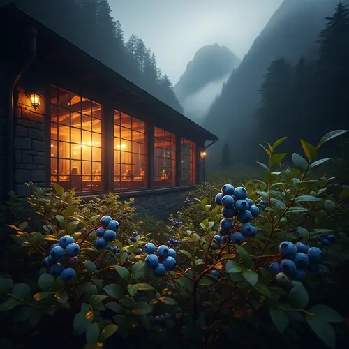 Tranquil Mountain Café: Glow of Blueberries in Warm Lights