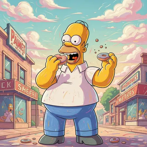 Colorful Animated Character Enjoying Donut in Pastel Springfield Cityscape
