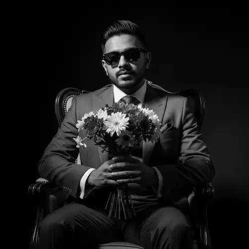 Mysterious South Asian Man in Bespoke Suit with Flowers