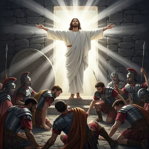 Resurrection of Christ: Divine Light Blinding Roman Soldiers