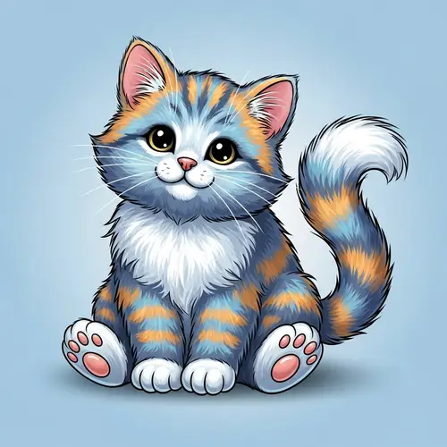Delightful Cartoon Style Sitting Cat with Soft Fluffy Fur
