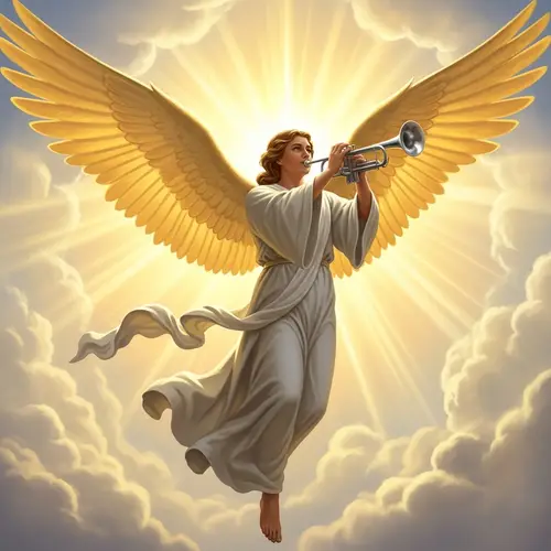 Glorious Angel with Golden Wings and Silver Trumpet in Sunlit Skies