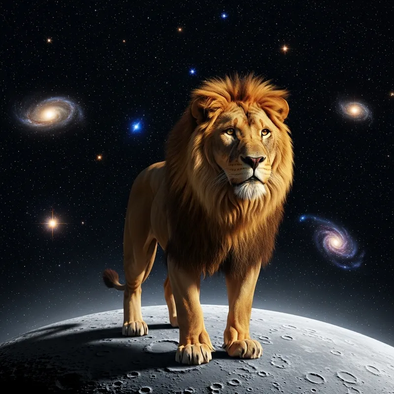 Majestic Lion on Moon Surface - Celestial Pride Captured Majestic Lion on Moon Surface - Celestial Pride Captured