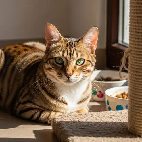 Adorable Domestic Cat with Vibrant Coat | Home Retreat