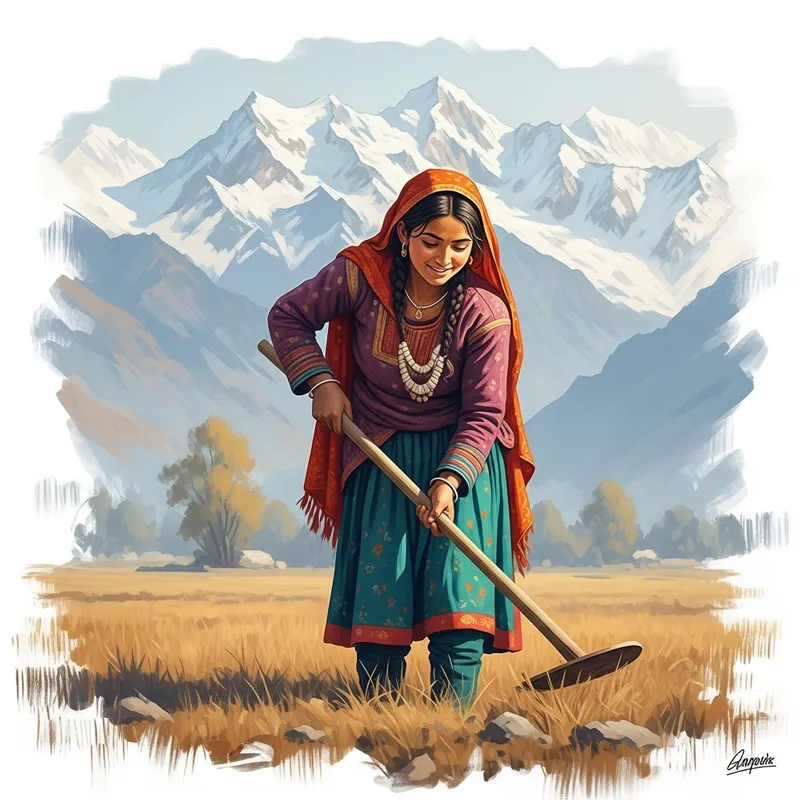 Beautiful Kashmiri Girl Oil Painting | Snow-clad Himalayas View
