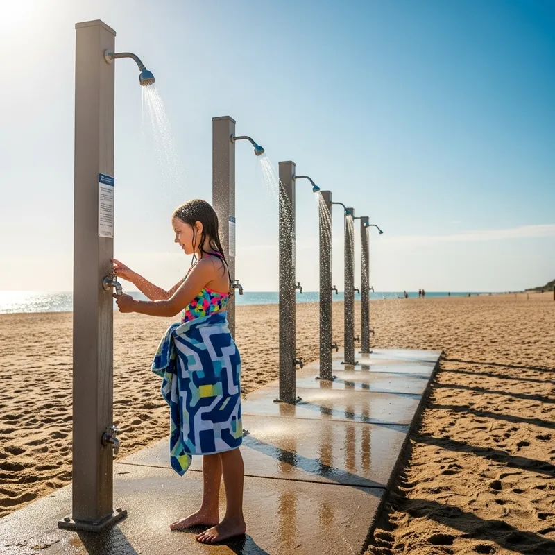 Outdoor Shower Girl | Colorful Swimsuit - Happy 9-Year-Old Excited for Water Play