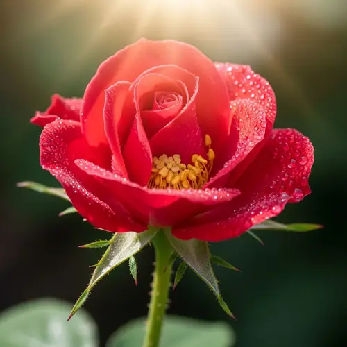 Vibrant Red Rose in Full Bloom with Dew Drops and Sunlit Backdrop