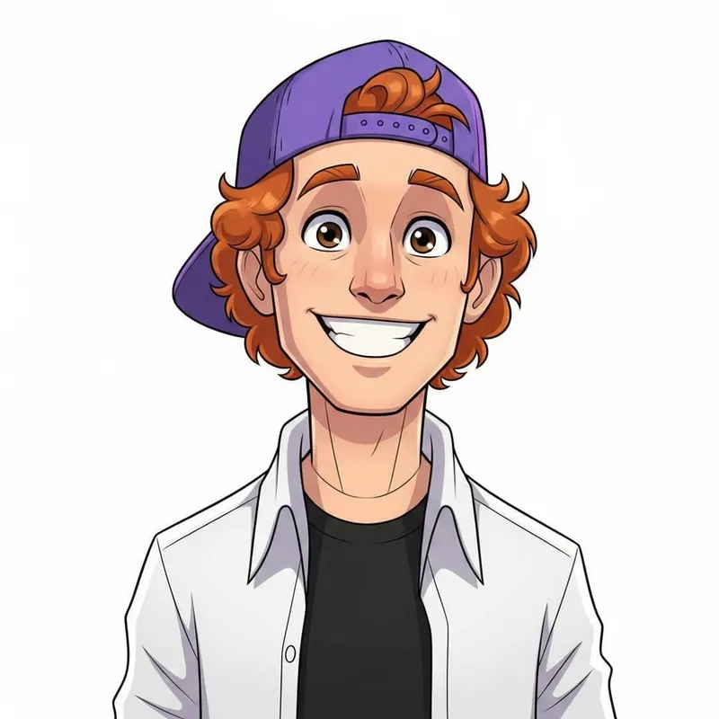Friendly Ginger-Haired AI Character with Purple Hat | Cartoon