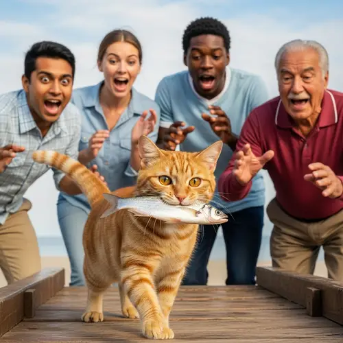 Cat Steals Fish While People Chase in Surprise