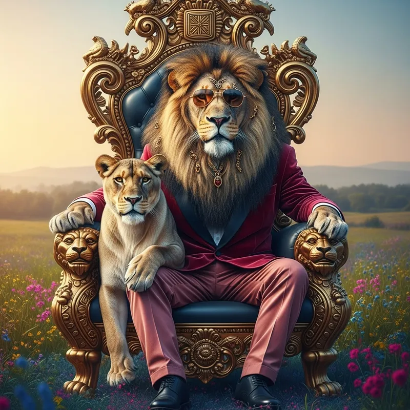Majestic Lion King and Queen: Cyberpunk Fantasy Throne Scene