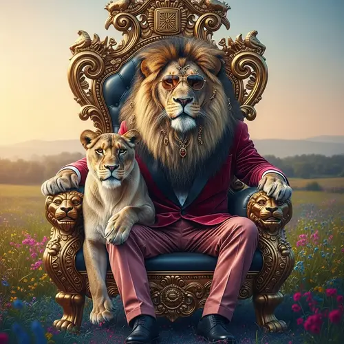 Alpha Lion and Lioness: Majestic Cyberpunk Throne Scene