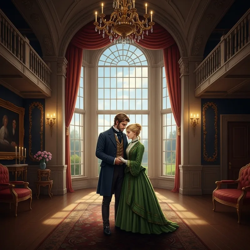 Victorian Lovers in Mansion Interior, Detailed Artistic Illustration