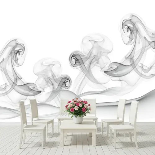 White Smoke Setting with Coffee Table, Five Chairs, and Blooming Roses