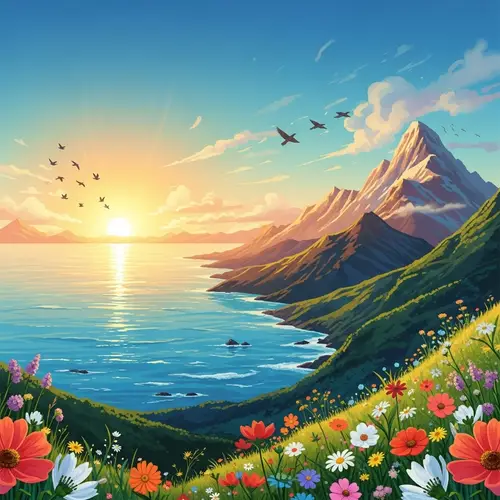 Inspiring Sunrise Over Tranquil Ocean | Mountain Sunset